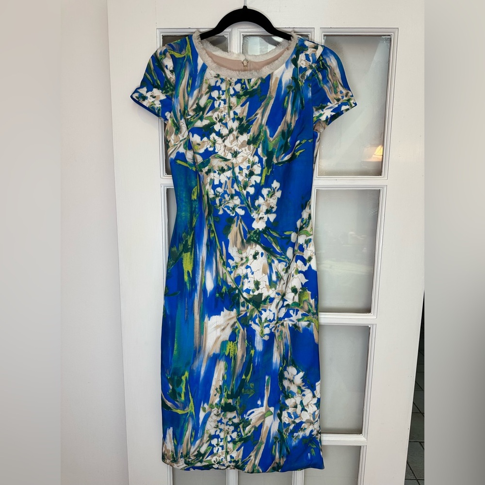 Cesar Galindo Blue & White Watercolor Floral Sheath Midi Dress Size XS